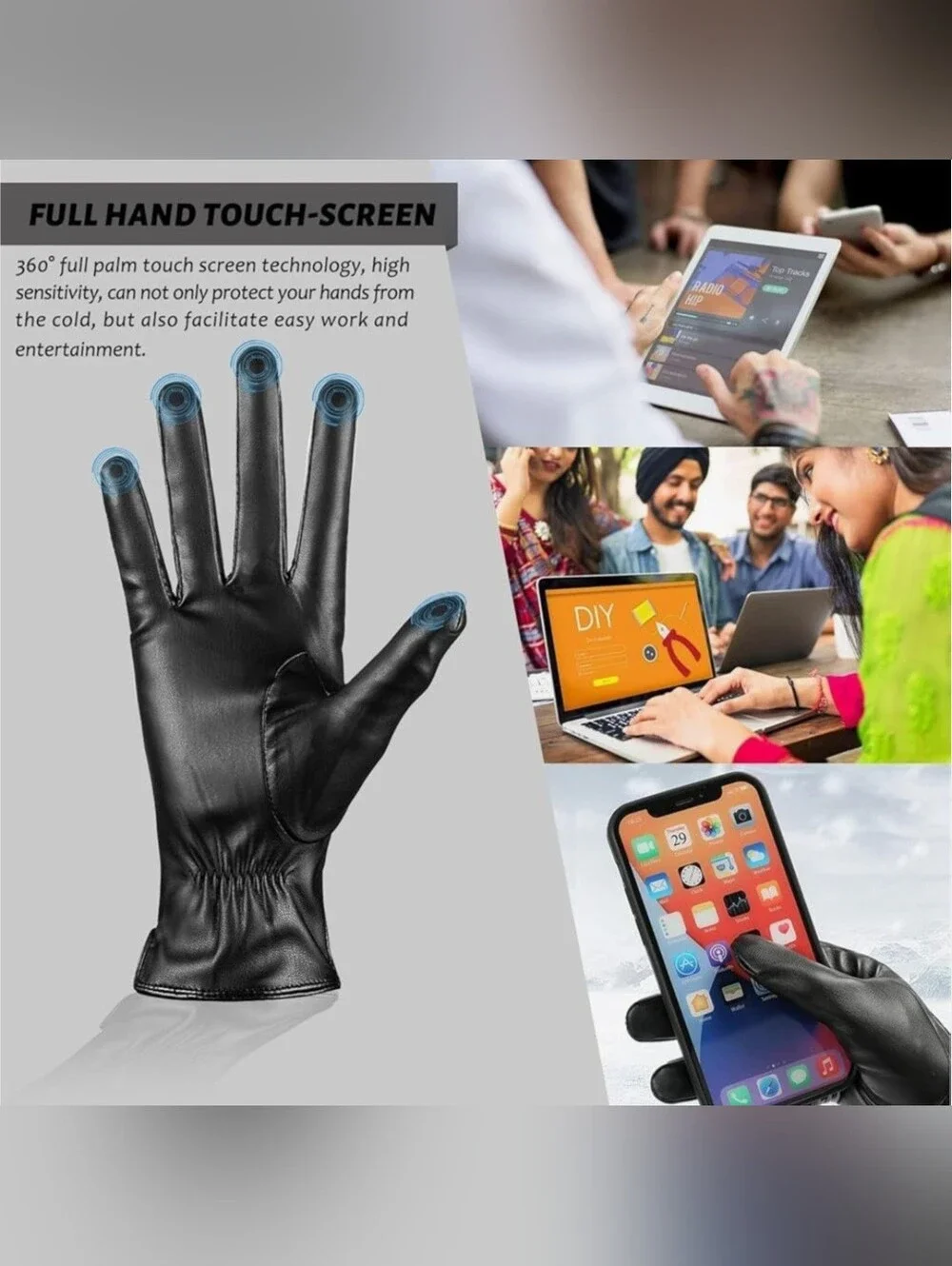 PU Leather Gloves XL Black Gloves Touch Screen Texting Cashmere Wool Lined Warm